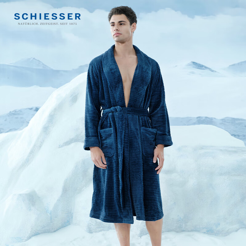 舒雅（Schiesser）男士青果领双面法兰绒柔软细腻家居睡袍E9/23493R 宝藍 L