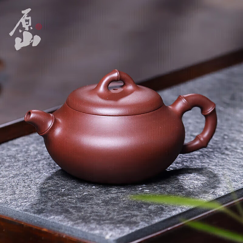 原山 名家国工吴大师竹段竹节壶纯手工紫砂壶原矿宜兴紫泥壶茶具泡茶壶茶壶一壶两杯套装