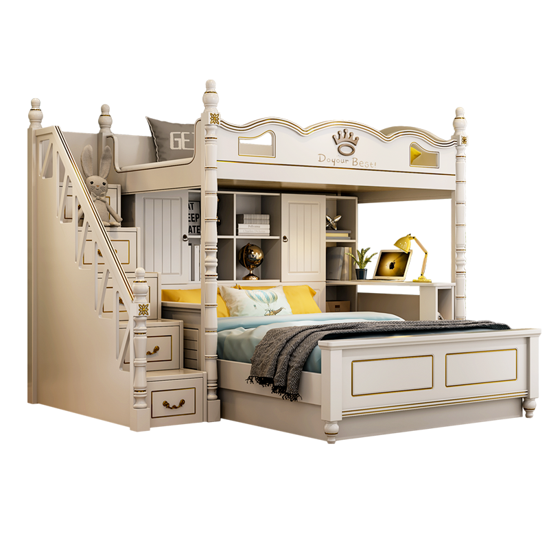 格杰 儿童交错式上下床双层床实木高低床子母床上下铺成人1.8米组合床储物 上铺+1.5米储物床+0.3书桌+梯柜A 1200mm*1900mm