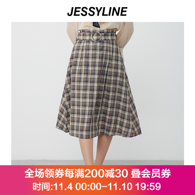 杰茜莱时尚复古格子中长款半身裙女a字裙 013212185 紫兰色 xs/155