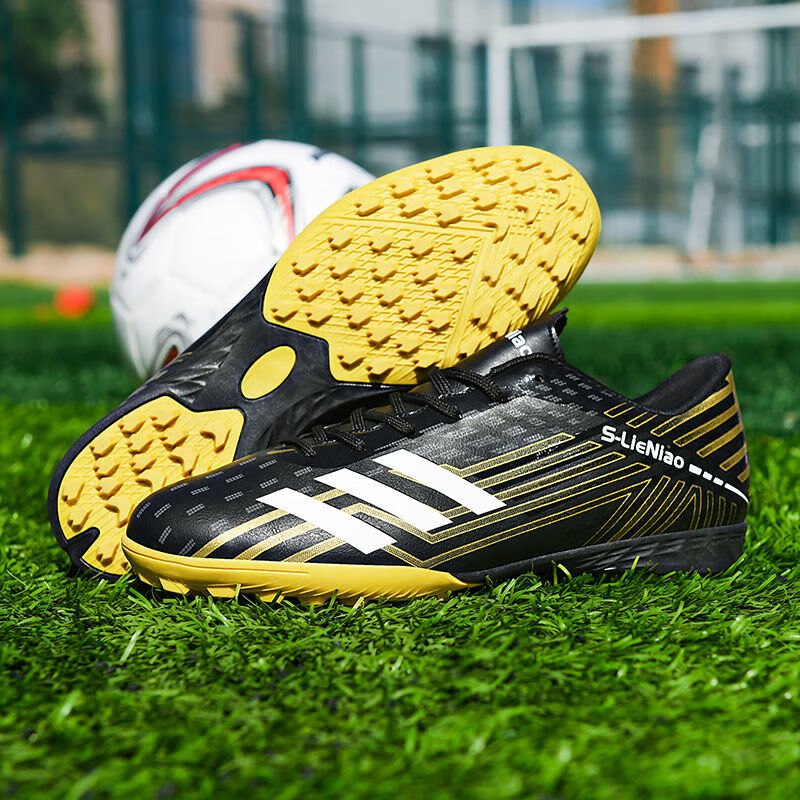 【高品质足球鞋】儿童足球鞋男女ag长钉学生比赛男童C罗刺客训练鞋梅西TF碎钉球鞋 188-1黑金碎钉【送袜子+护板】 34