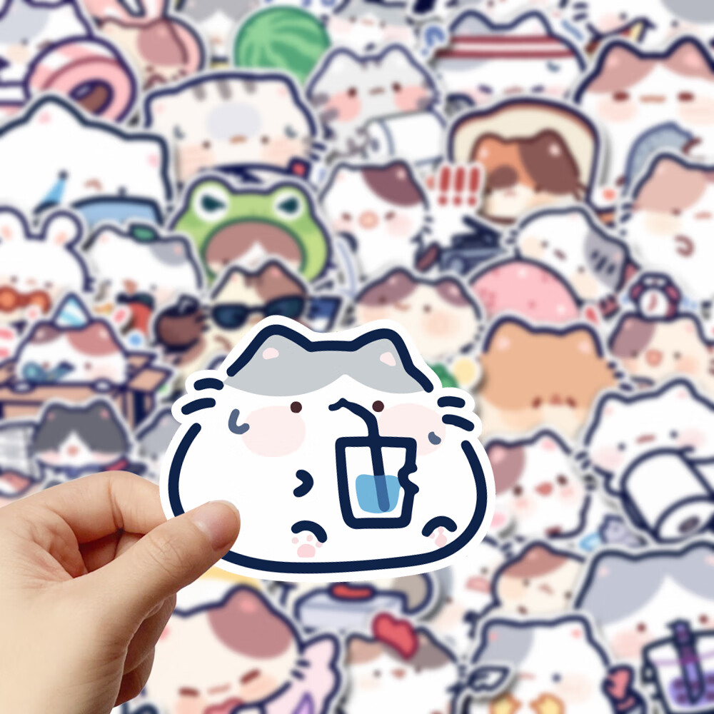 贴纸卡通可爱笔记型电脑ipad水杯手机手账diy贴画防水 54张白色猫咪
