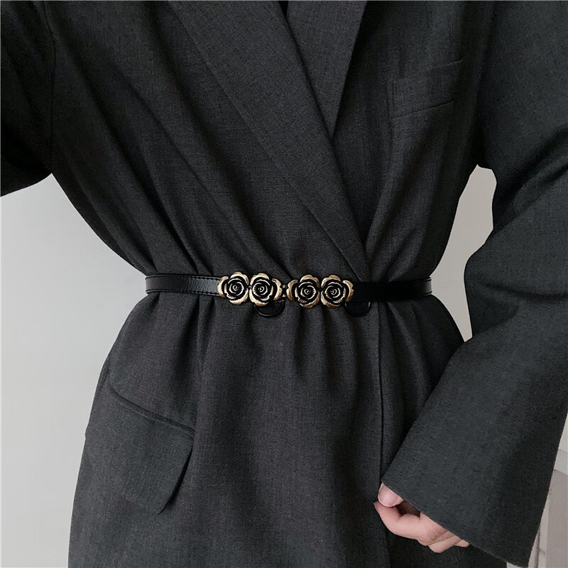 卡贝伯爵 复古玫瑰花腰带女真皮装饰百搭配西装呢子大衣外套束腰腰封