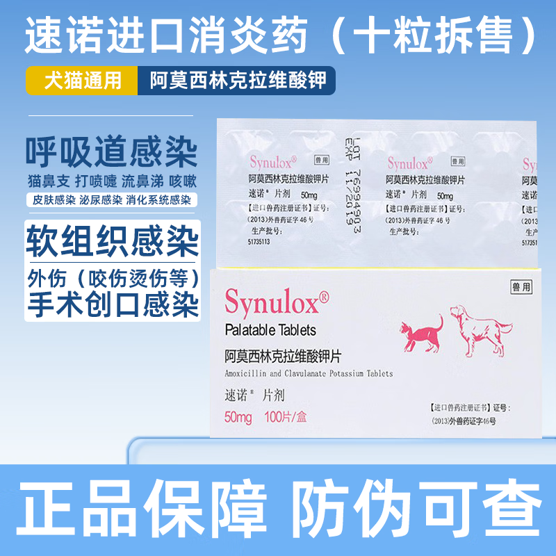 速诺猫鼻支药品小型犬猫口炎咳嗽感冒药宠物猫咪狗狗皮肤病伤口消炎阿莫西林克拉维酸钾片辉瑞速诺片 速诺50mg(10粒/板)