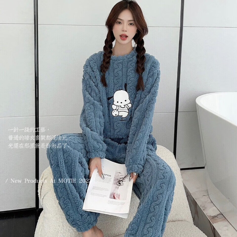 诗莉奥(SHILIAO)珊瑚绒睡衣女冬加厚秋冬季长袖套头家居服套装加绒加厚保暖睡衣 小狗提花-蓝色 均码 155-175/80-105CM