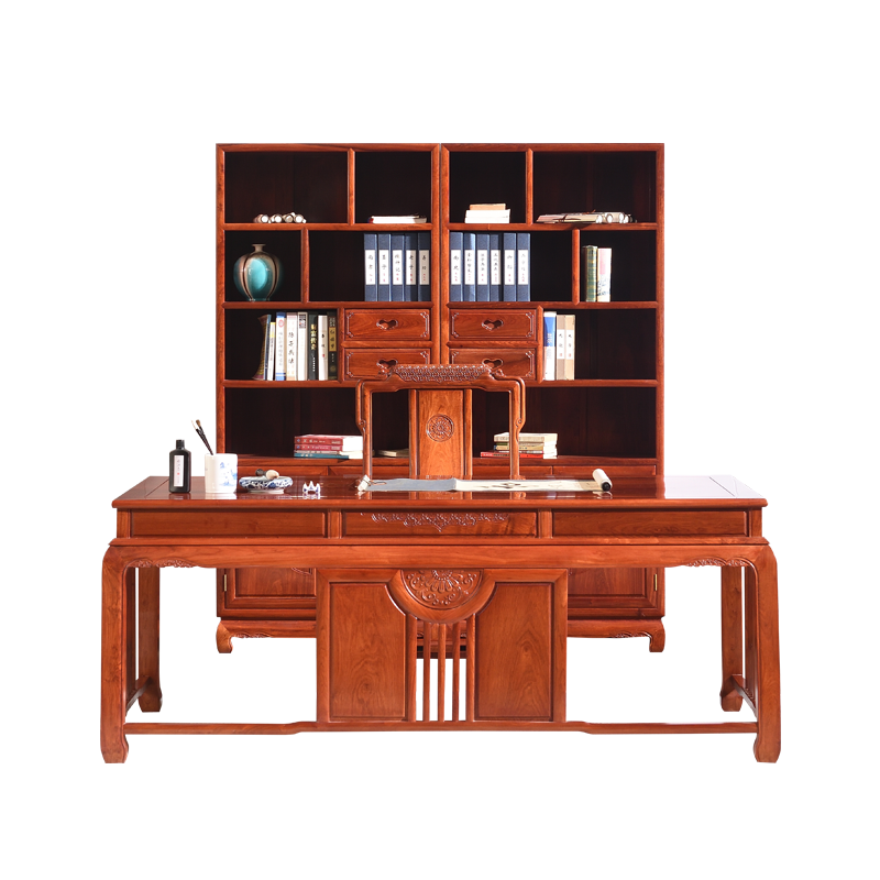 木中央 红木家具 缅甸花梨(学名:大果紫檀)新中式书桌 实木办公桌 书房套装组合 1.82米书桌椅+书柜
