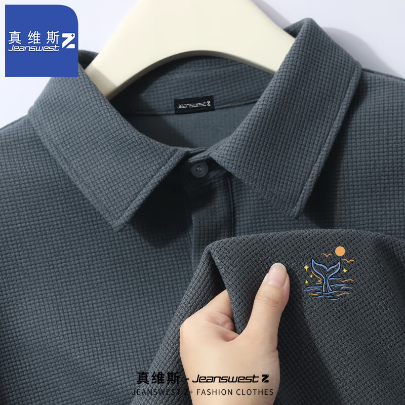 JEANSWEST Z+真维斯Z+华夫格POLO衫男翻领纽扣上衣宽松休闲夏天短袖T恤 深灰色鲸鱼尾巴 2XL