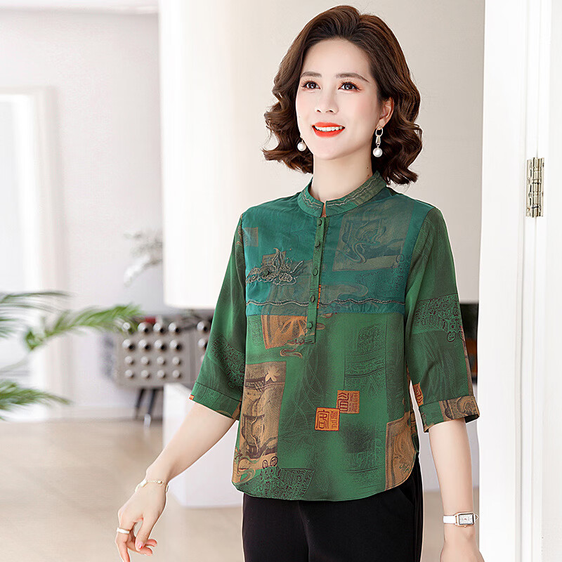okkdey高端妈妈夏装洋气印花短袖t恤上衣服时尚中老年人女士夏季小衫