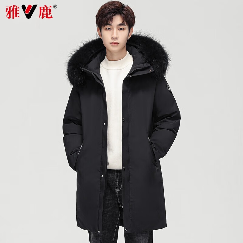 雅鹿羽绒服男中长款秋冬连帽加厚貂子毛领保暖时尚休闲外套派克服男 黑色 3XL