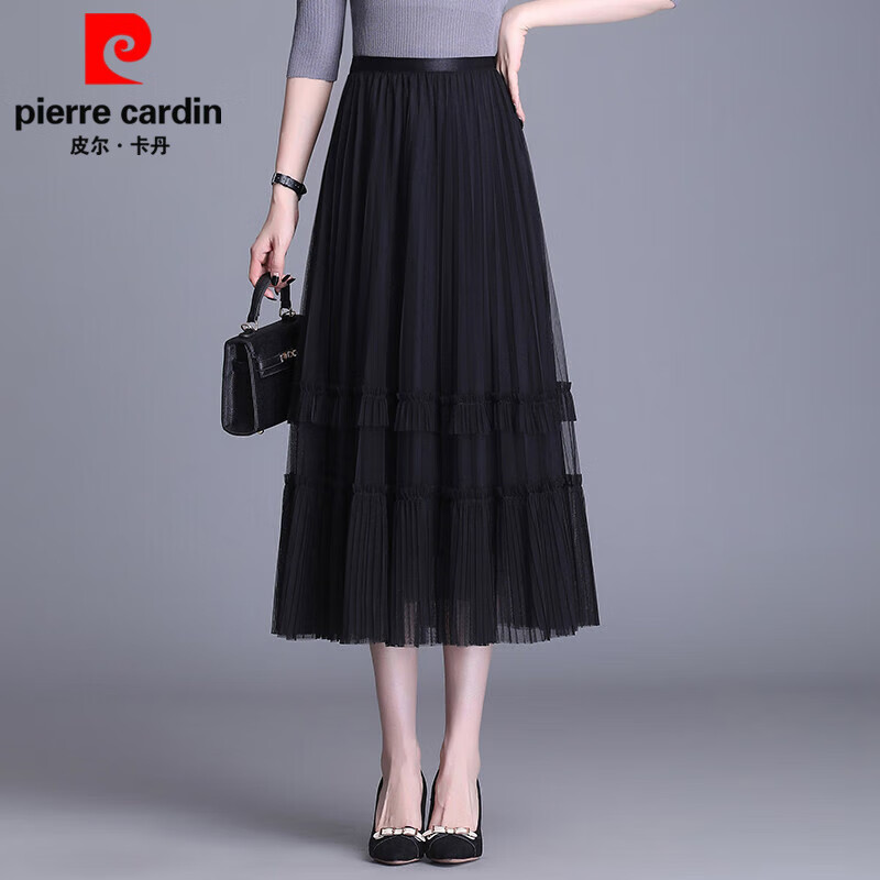 皮爾卡丹網(wǎng)紗裙半身裙女2025秋季新款百褶蛋糕裙字裙春秋中長裙仙女長裙 黑色 S