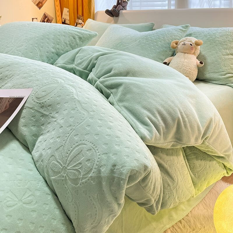 晋帛家纺牛奶绒四件套新款a类雕花小清新冬季双面加绒被套床单床