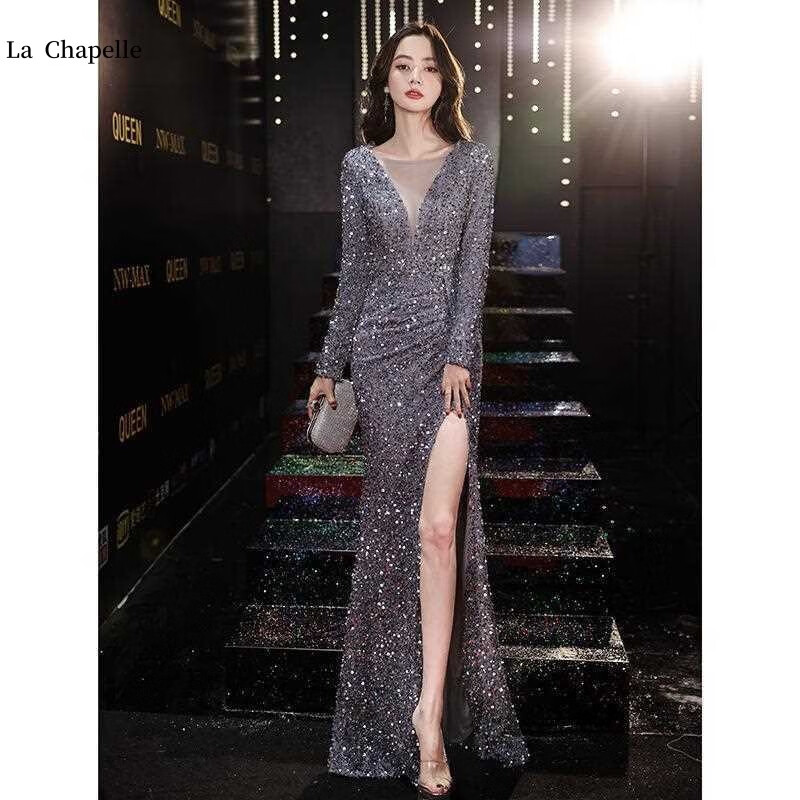 拉夏贝尔LA晚礼服女2022新款高端气质显瘦小香风宴会名媛质感长袖修身鱼尾裙 灰色 L怎么看?