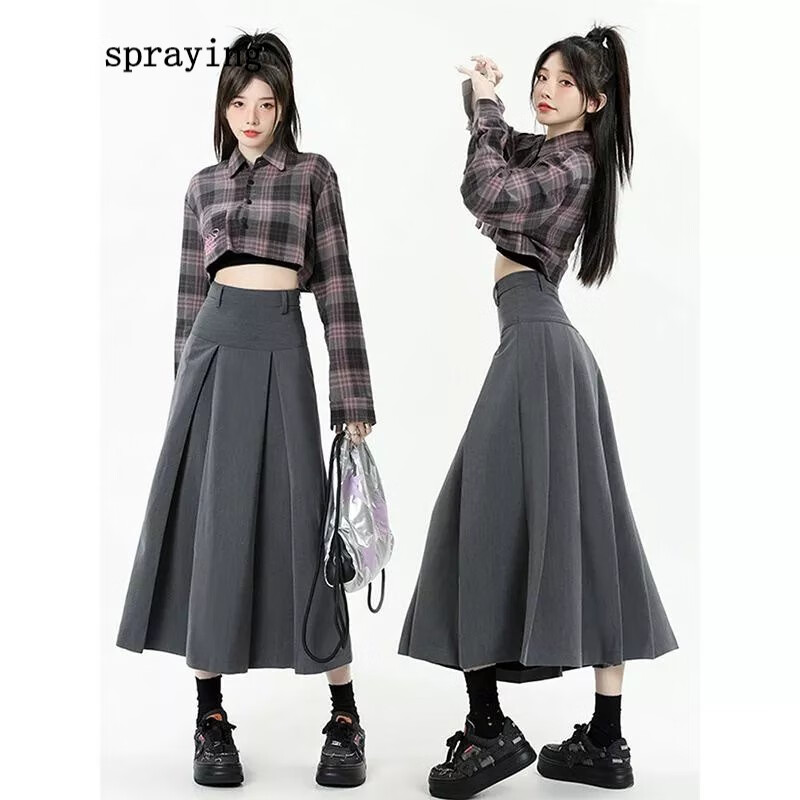 spraying设计灰色学院风百褶裙女2023年夏季新款高腰垂感a字大摆裙中
