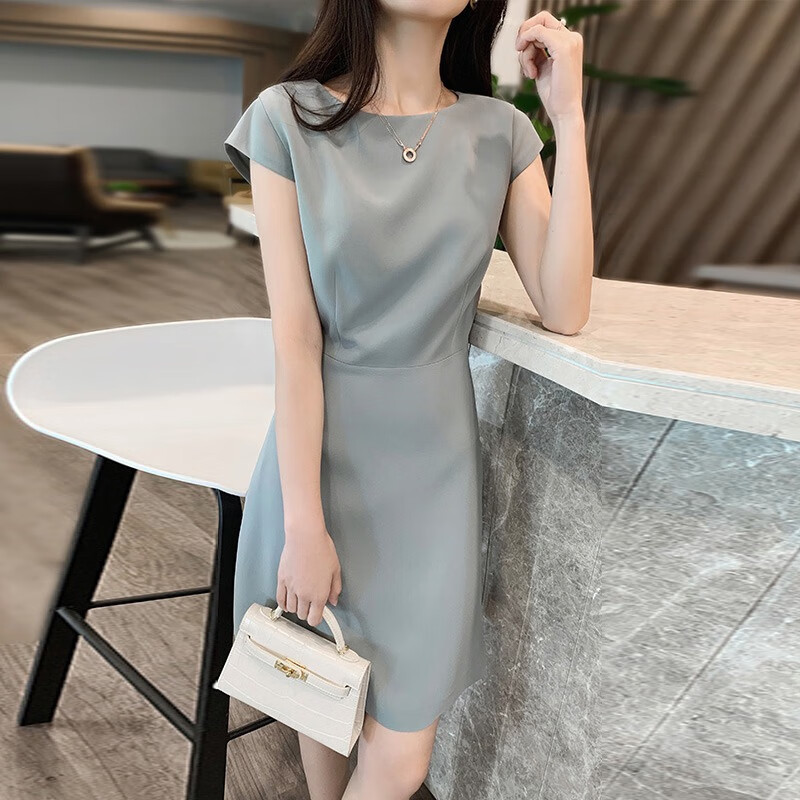 皮尔卡丹短袖连衣裙女夏季女装2025新款修身显瘦收腰女神范小个子裙子女夏 灰蓝色 M
