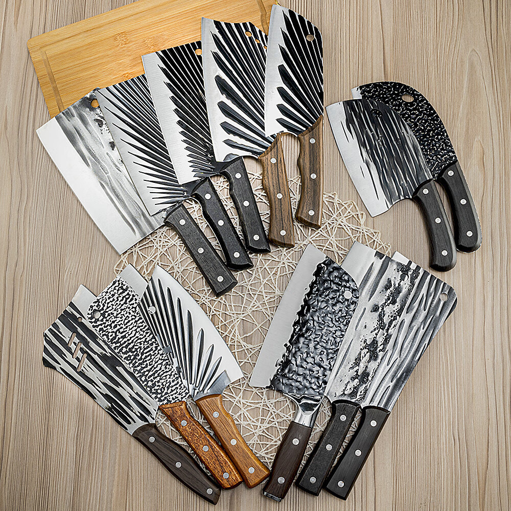 圣作家用厨房菜刀锻打切肉切菜刀砍骨斩骨菜刀 横纹斩切刀(仿木