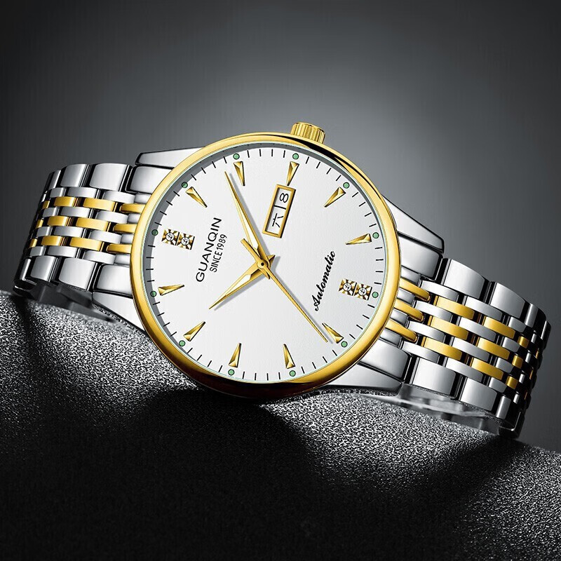 冠琴（GUANQIN） 名表 新款手表男士全自动机械商务休闲防水夜光男表精钢时尚简约 冠琴 16221间金白面 免费刻字