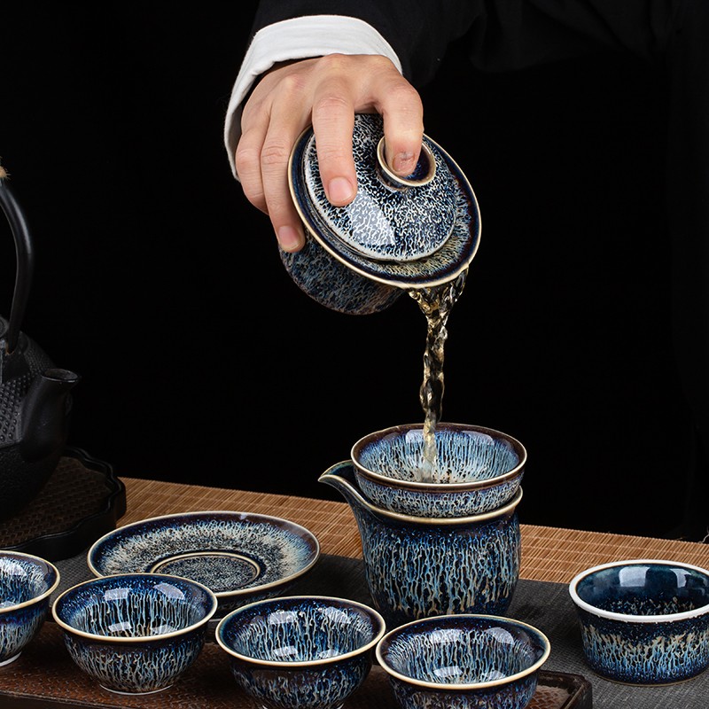 鋆钰景德镇陶瓷茶具套装曜变天目釉礼品盖碗套组茶漏盖置 盖碗十件套 6人饮 10件 色釉