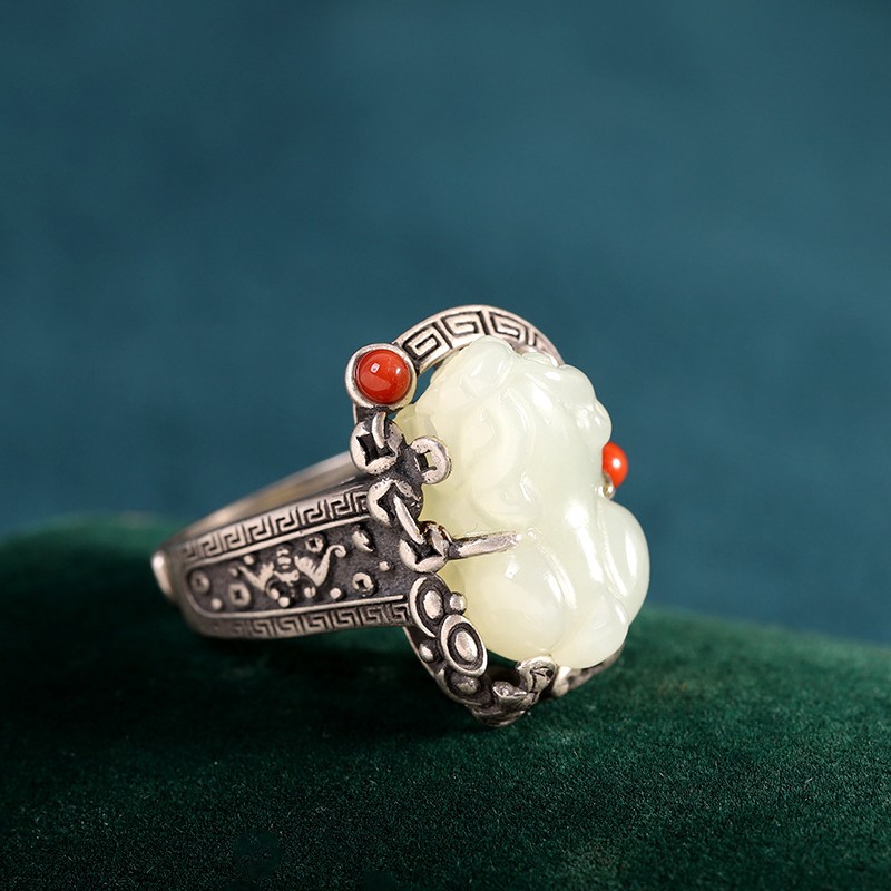 和田玉貔貅戒指开口可调节