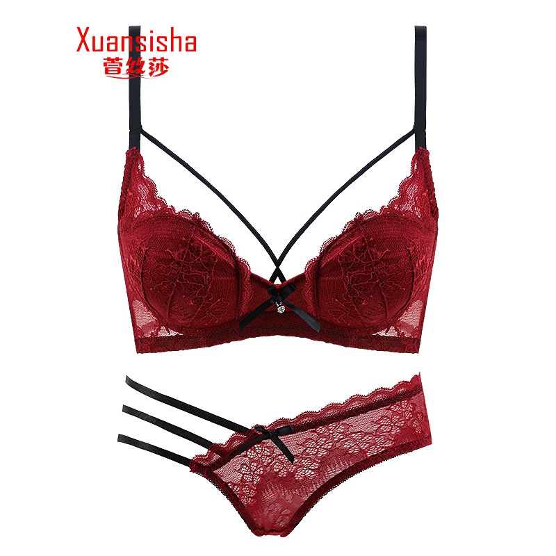 萱丝莎品牌内衣性感胸罩女火辣透气美背聚拢蕾丝文胸套装内裤女蛇年新款 红色套装 75B /34