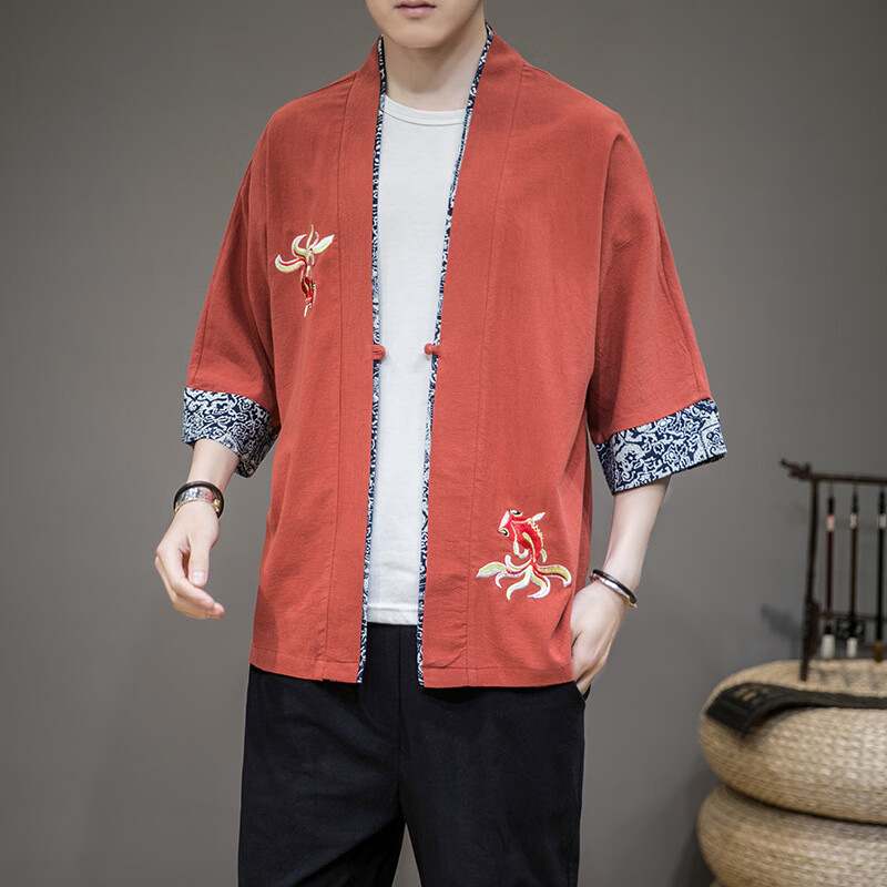 hiewi2023中国风金鱼刺绣开衫宽松道袍青少年男士时尚休闲复古唐装