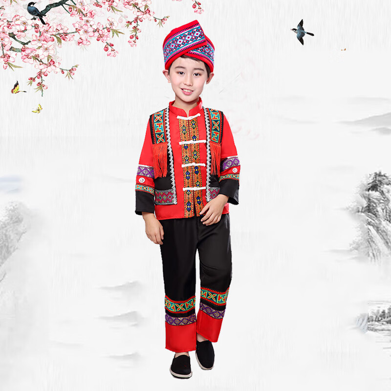 广西少数民族服装儿童壮族三月三服装男 男红色流苏 含头饰 男红色
