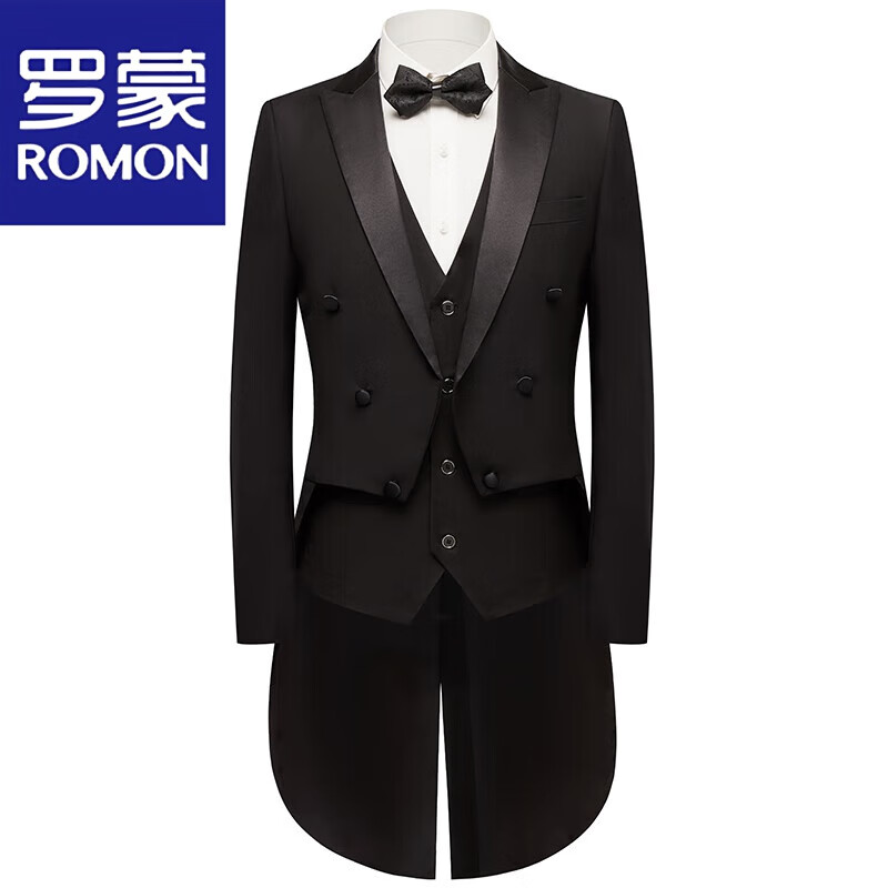 羅蒙（ROMON）男士燕尾服修身西服套裝舞臺演出合唱主持人新郎婚禮宴會指揮西裝 黑色 西服+褲子+馬甲腰封領(lǐng)結(jié) 2XL