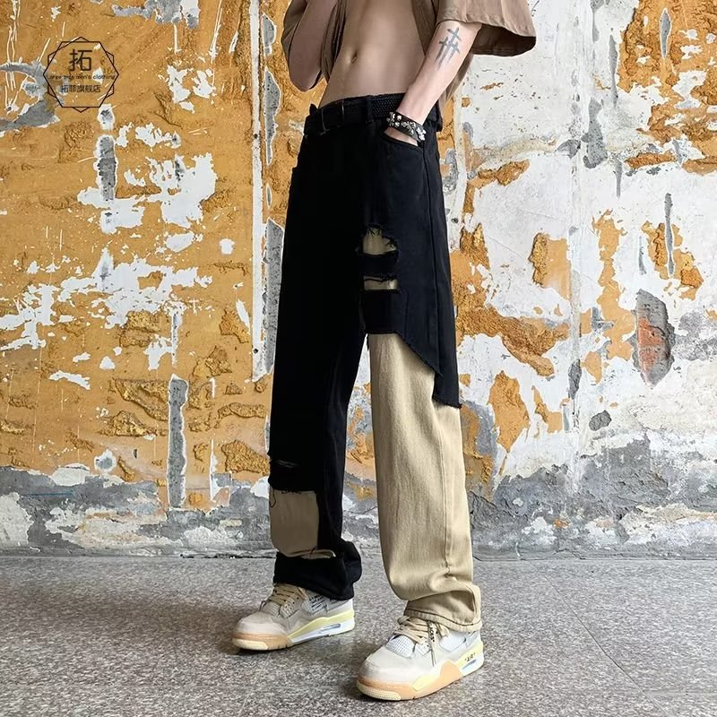 POUM男裝聯(lián)名破洞牛仔褲男潮牌美式高街vibe鴛鴦褲設(shè)計(jì)感小眾褲子男 CRB-1454黑色 XL