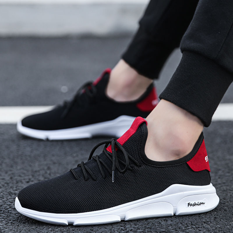 男鞋秋季透气韩版潮流百搭增高运动鞋子男士休闲春季老爹潮鞋学生 2018黑红(网布) 40