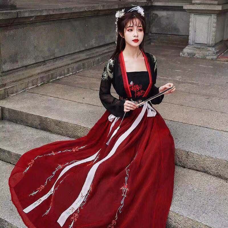 罗蒙(romon)汉服女黑红系色成人学生齐腰襦裙古风年会表演服演出服