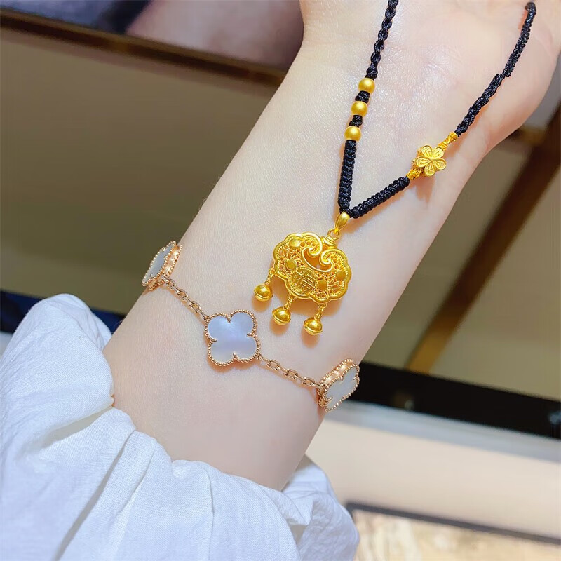 klex老凤凰黄金平安锁项链编绳足金999长命锁桃花转运珠吊坠送女友