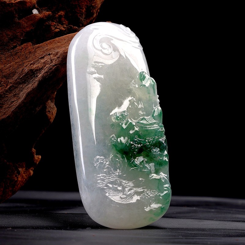 祥云家山起【艺品匪萃 美学匠品】冰种带绿巧雕意境山水吊坠a货翡翠