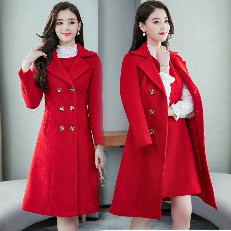 服新娘秋冬结婚礼服订婚回门衣服毛呢外套两件套套装连衣裙女 红色两