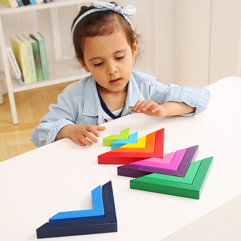 三格田智力拼图趣味彩虹直角积木拼搭构建逻辑思维游戏儿童木制玩具巧
