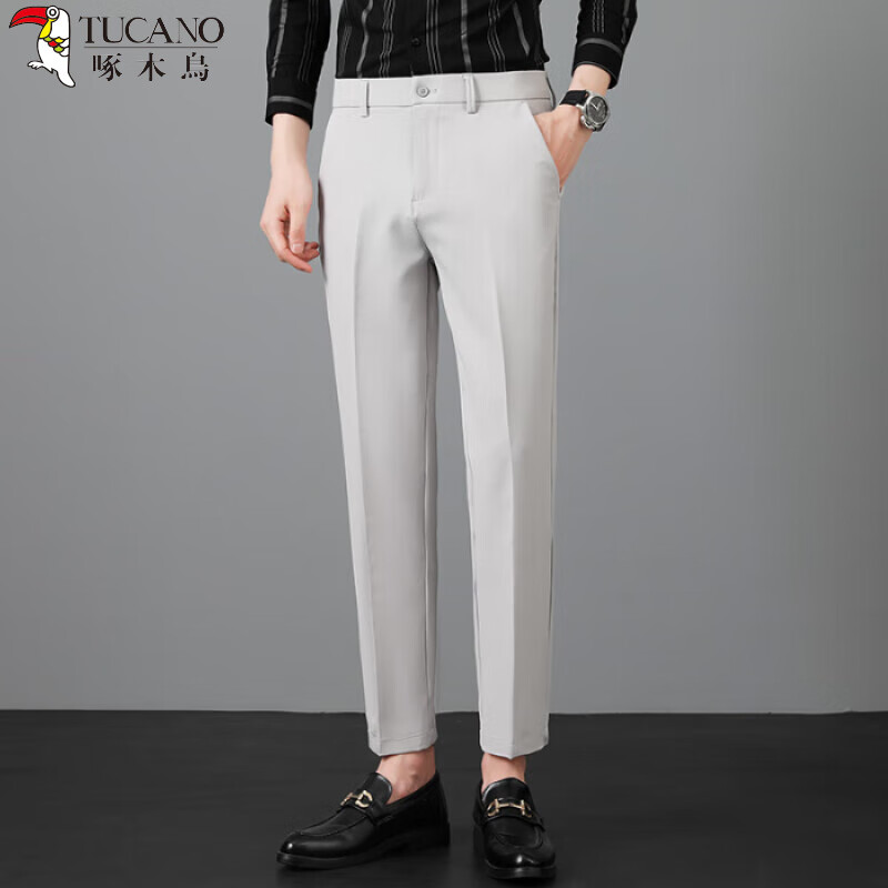 啄木鸟（TUCANO）休闲裤男士春秋款商务高级小西裤九分修身职业正装垂坠感黑色长裤 962浅灰长裤 38 腰围二尺九