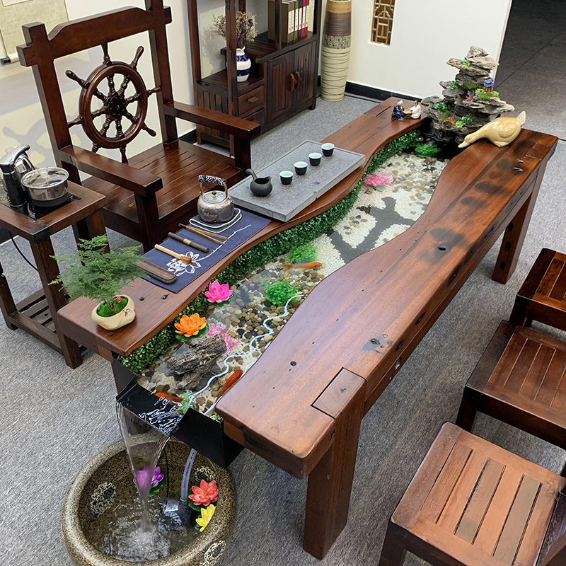 茶几老船木流水茶桌椅组合实木功夫茶几养鱼缸茶台茶具套装一体新中式