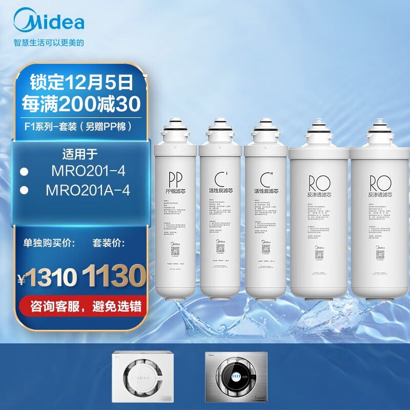 【美的净水器滤芯】适用于MRO201-4、MRO201A-4、X400、X600等、F1系列- 第三年套装-适用于201、201A
