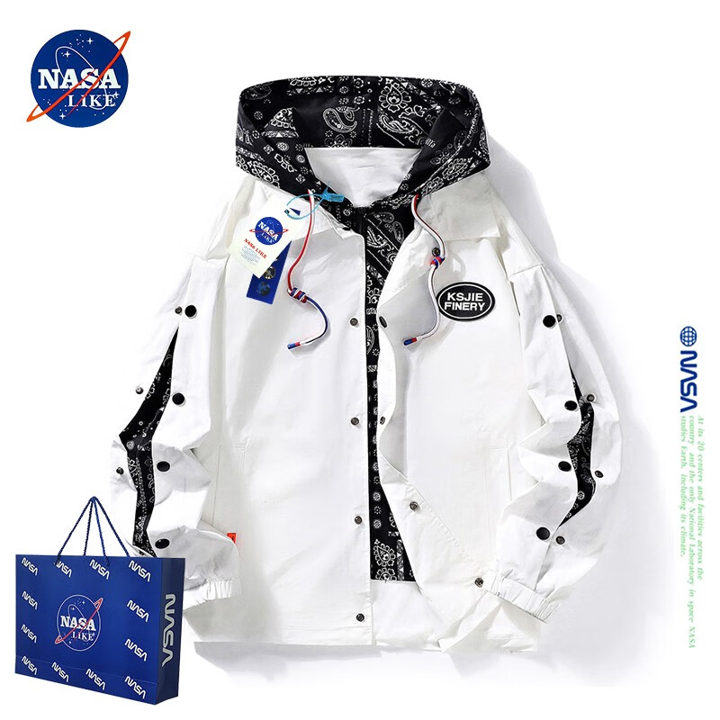 NASALIKE官方男装外套男春秋季腰果花假两件夹克男女棒球服宽松学生上衣服 白色 XL(建议115-130斤)