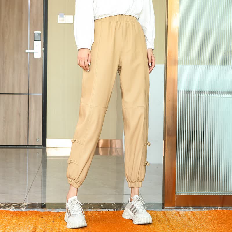 新潮真眞皮皮裤女生真眞皮盘扣哈伦裤女2021冬新款绵羊皮宽松 米白色