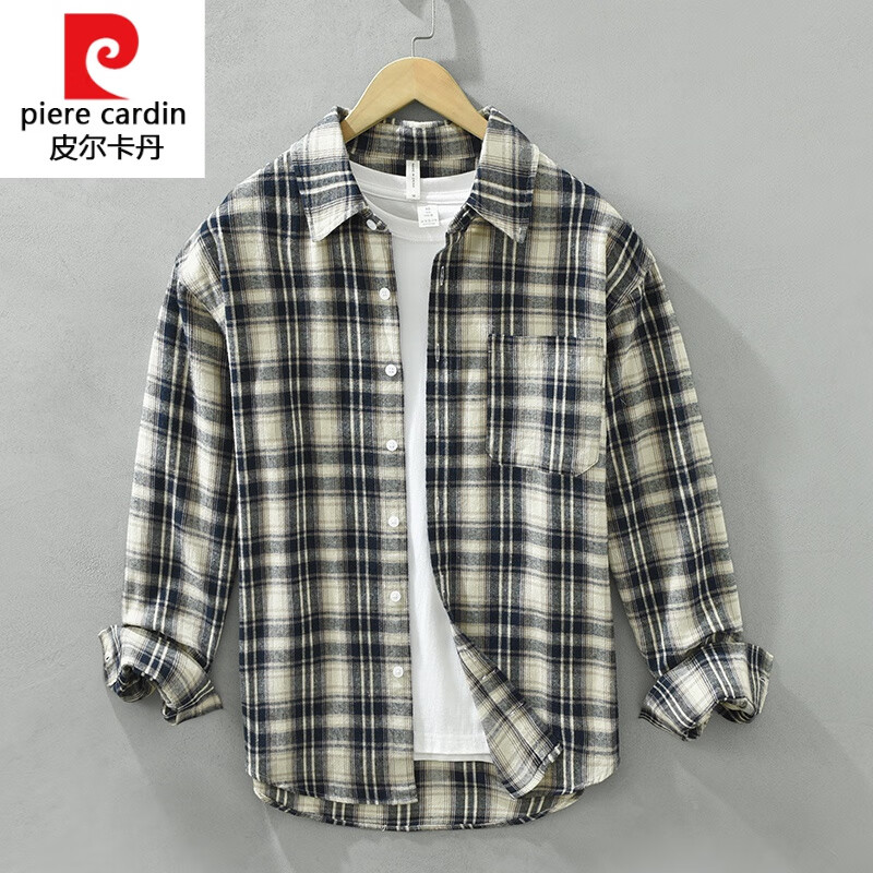 皮尔卡丹（pierre cardin） 针织法兰绒磨毛格子衬衫男秋季新款日系复古潮流格纹纯.棉休闲 宝蓝色 M