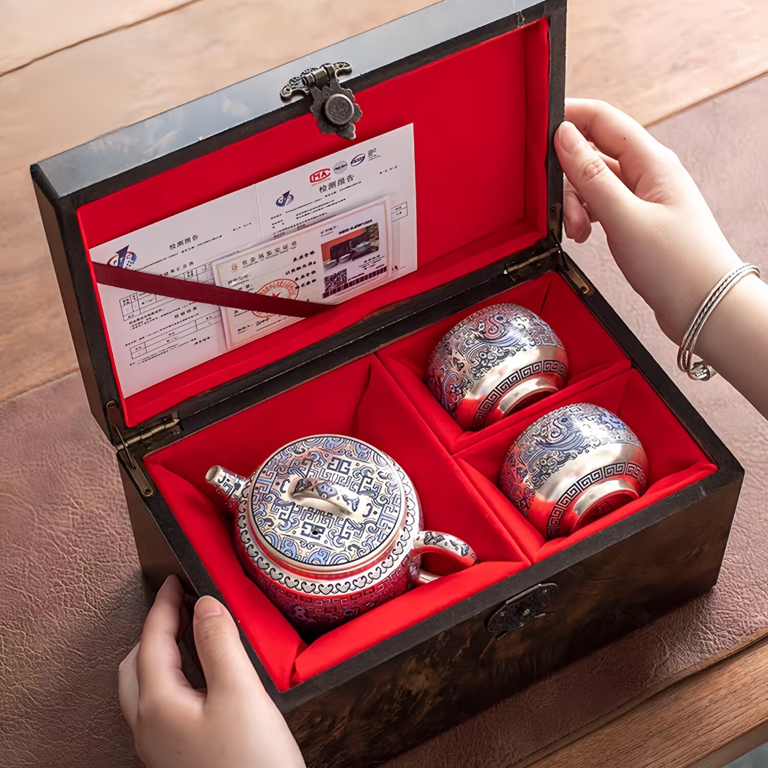 银壶999敦煌泡茶壶套装鎏银功夫茶具整套茶壶茶杯高档礼品伴手礼 天命玄鸟鎏银一壶两杯礼盒装