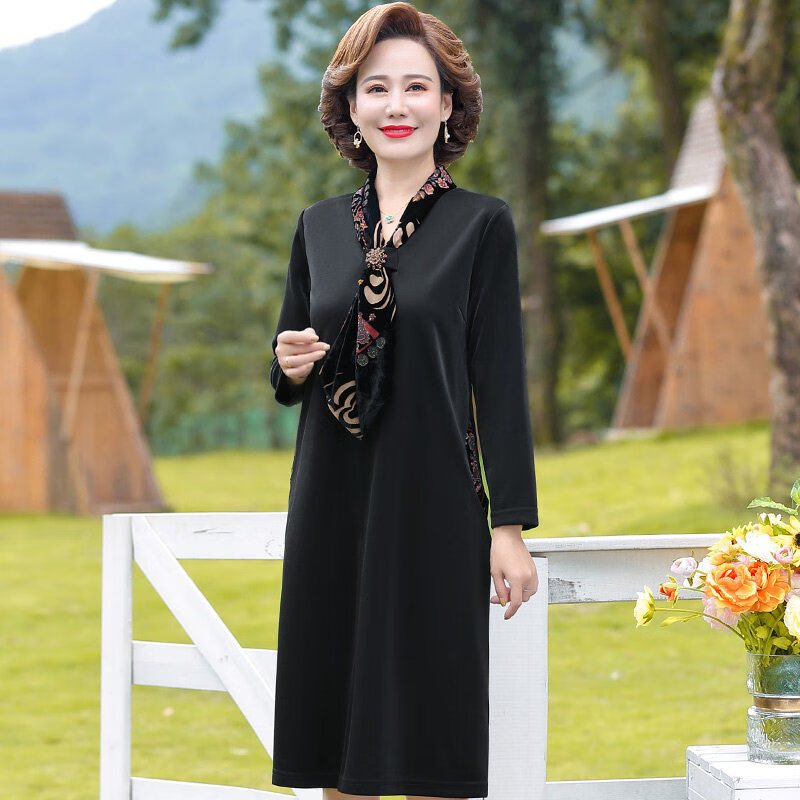 春秋季中年妇女长袖连衣裙妈妈装高端大气裙子中老年人穿中年秋装时尚
