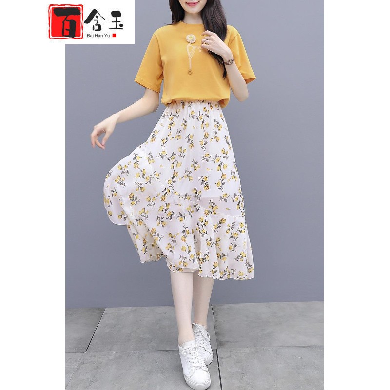 百含玉连衣裙2021夏季新款网红女神流行女装雪纺碎花连衣裙套装女收腰