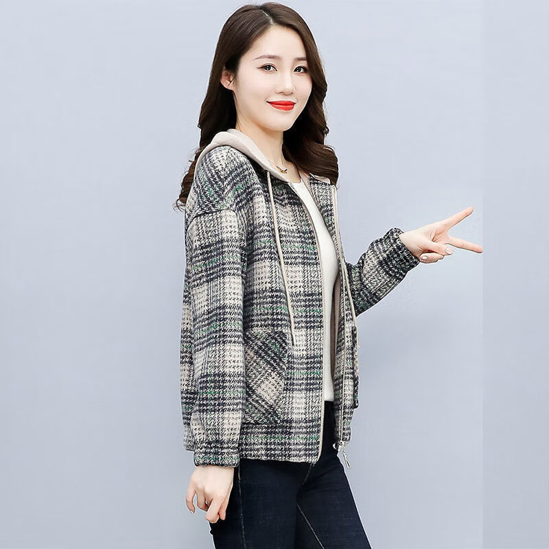 俏娃宝贝30到40岁女人穿的秋装外套女宽松洋气休闲格子衣服拉链 绿格