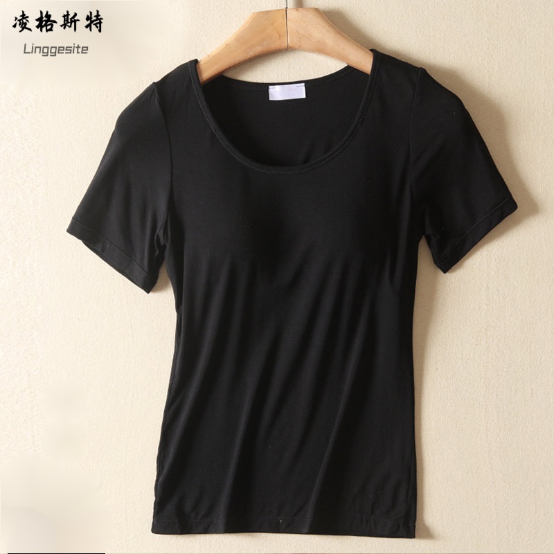 带胸垫无钢圈文胸一体式半袖背心女打底衫睡衣家居服y凌格斯特 黑色 s