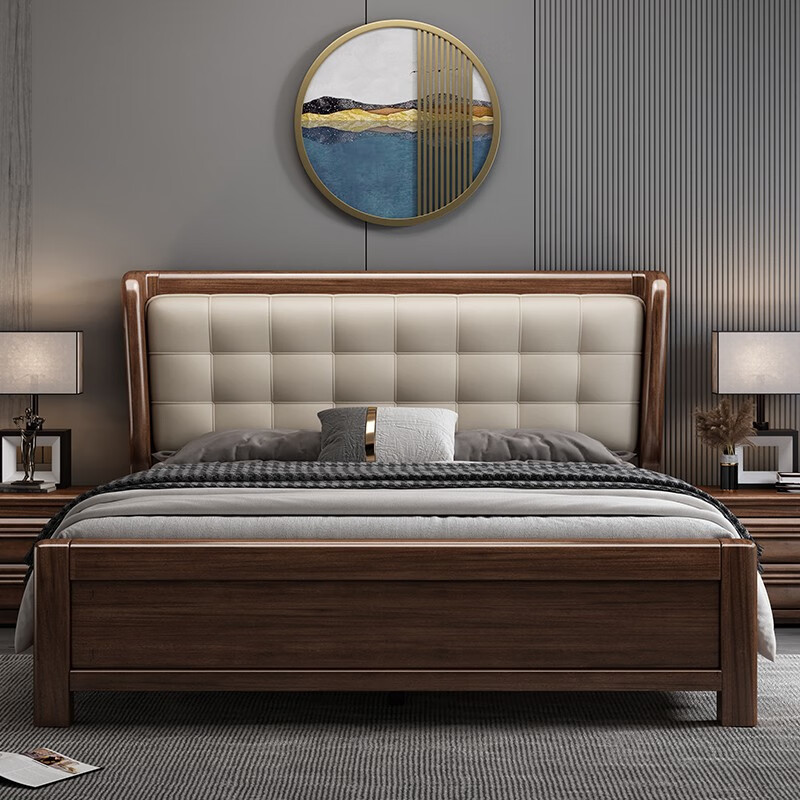 喜腾家（XITENGJIA）胡桃木实木床1.8m新中式双人大床带软靠现代简约主卧婚床家用大床 床+床垫+1个床头柜 1.8m*2m(箱框结构)