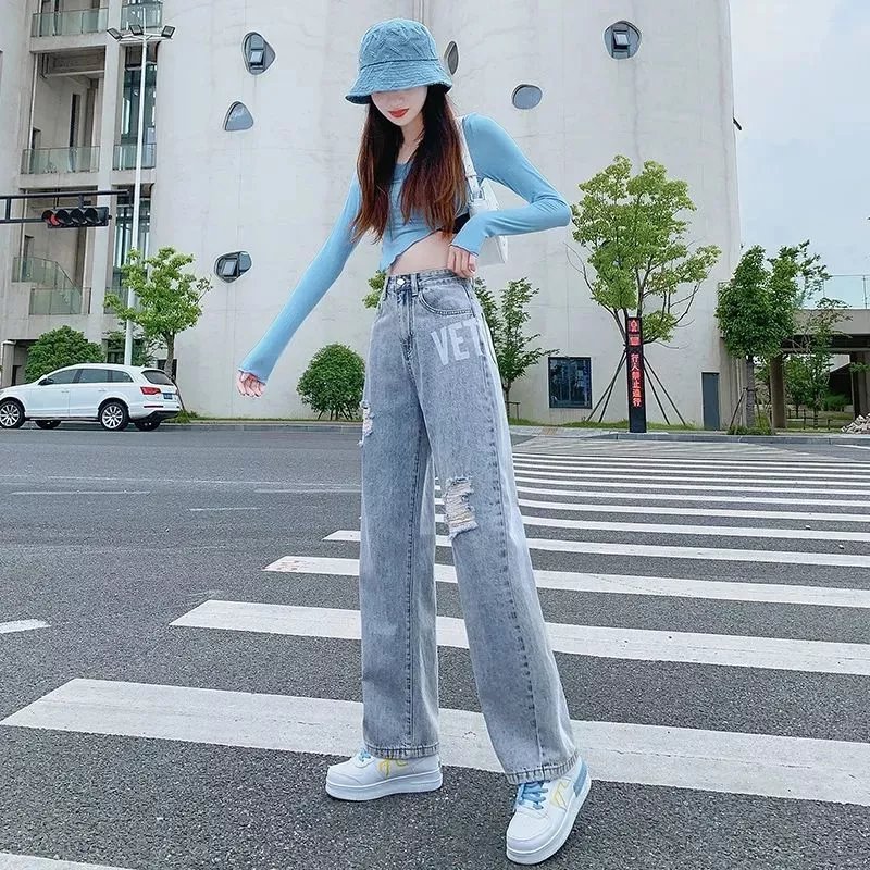 歌班娅破洞牛仔裤女高腰春秋季2023年新款宽松百搭小个子直筒阔腿拖地裤 浅蓝色长裤 高质量 XS 建议70斤-80斤