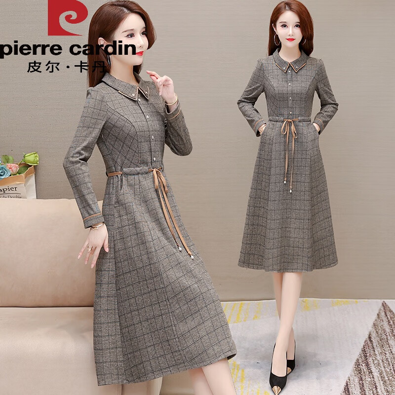 皮尔卡丹(pierre cardin)娃娃领连衣裙女春秋2024年新款高端气质收腰