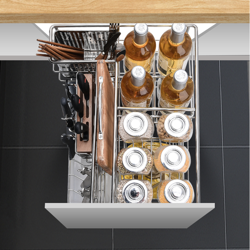 拉篮厨房碗碟篮304不锈钢调味篮厨房橱柜调味架抽屉式阻尼竖拉篮厨柜