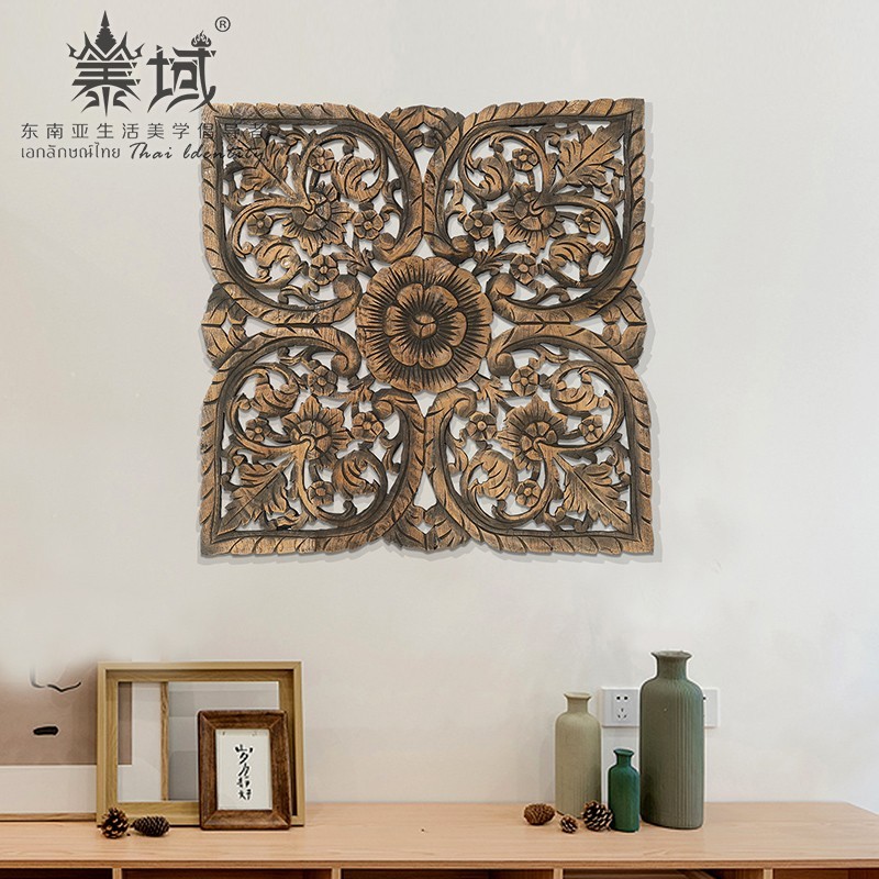 客厅壁饰东南亚风格手工雕花板泰式酒店会所玄关走廊墙饰挂件装饰品