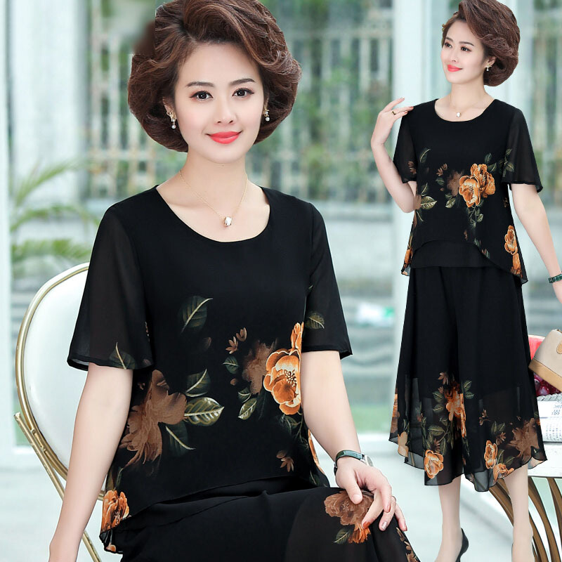 孜颜中老年女装夏装妈妈套装夏季短袖雪纺两件套50到60岁老人母亲衣服 211黄花【套装】 XL 【建议80-100斤】